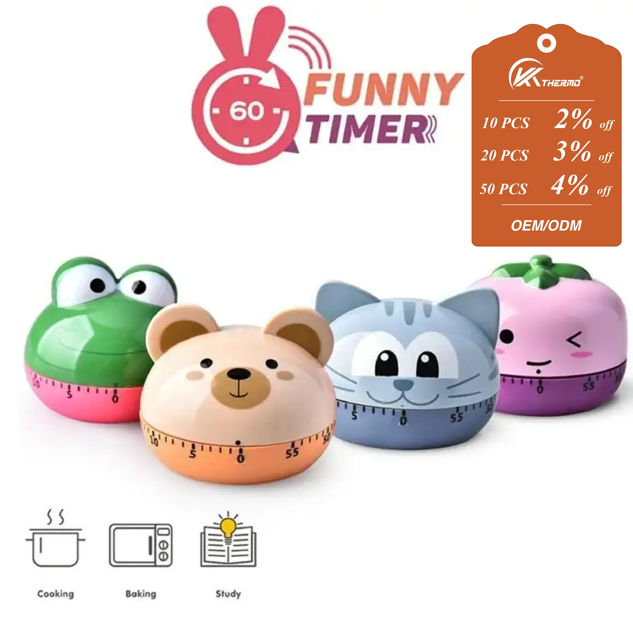 Mechanical Kitchen Timer with Cartoon Animal Pattern, Cooking Alarm, SCountdown Timer