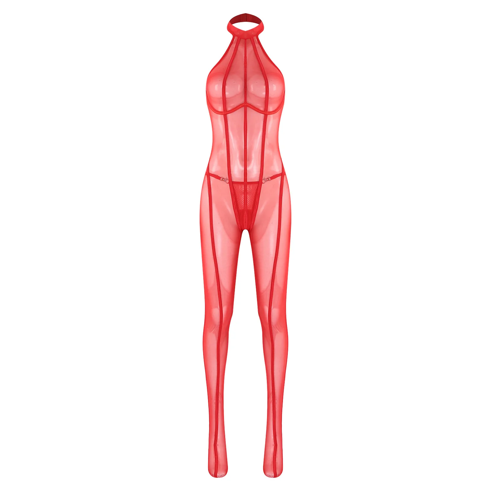 

Womens Lingerie Halter Push-up Underwire Footed Jumpsuit Sheer Mesh Striped Transparent Bodysuit And T-back Alluring Nightwear