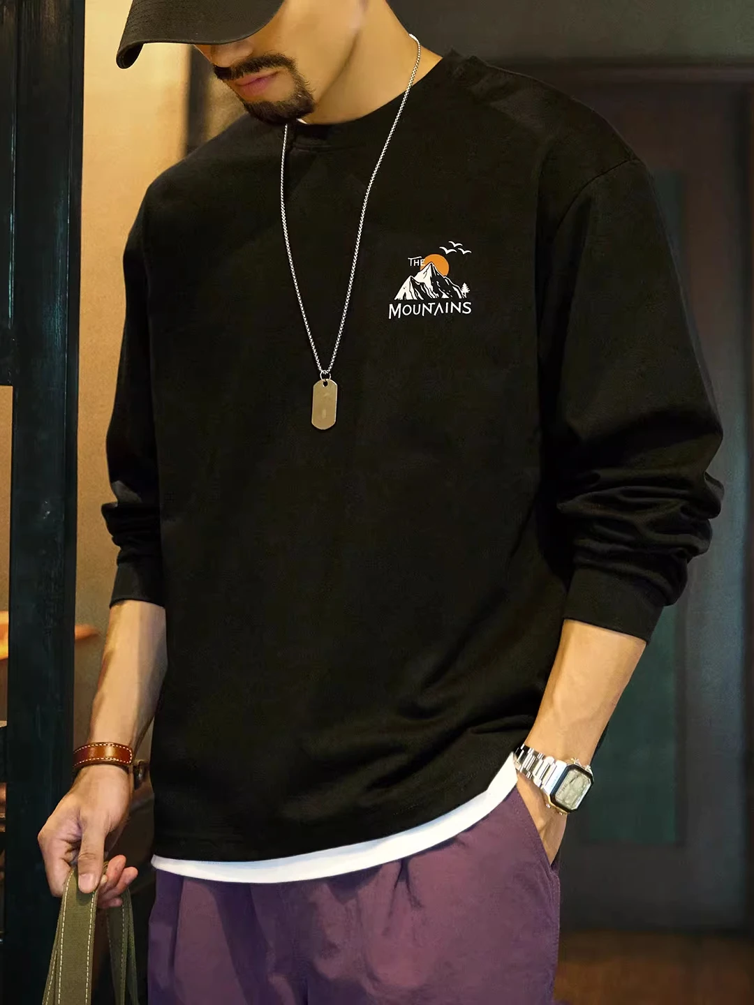 

Large Size Premium Long Sve round Ne Cotton T-irt Men's Spring Autumn American Sle Loose Fit Printed Base irt Trendy