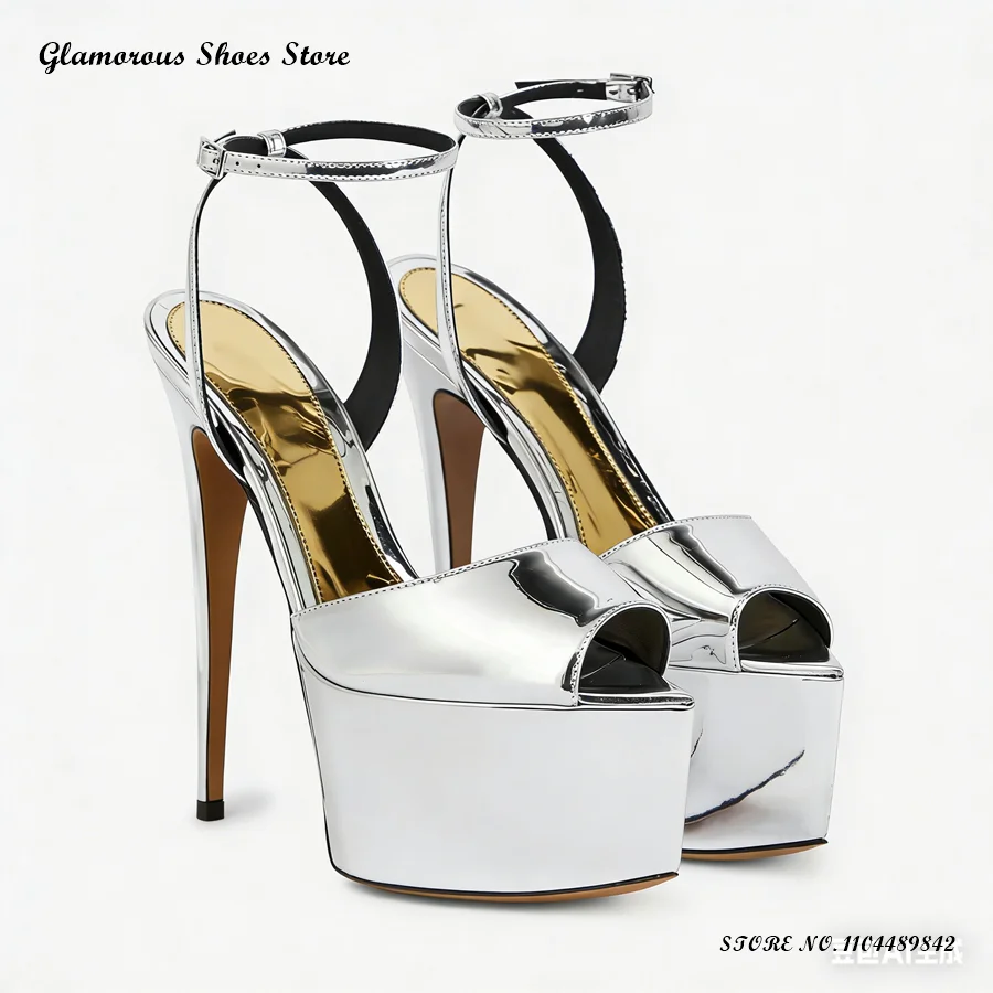

Metallic Patent Leather Platform Sandals Women's Pointed Open Toe Thin Heels Party Shoes Summer Fashion Buckle Strap Stilettos