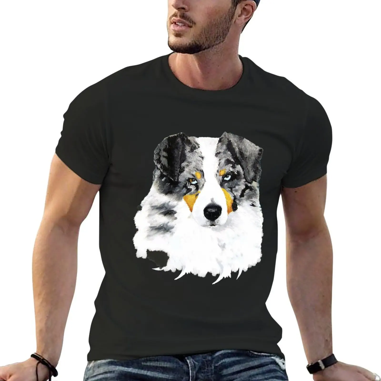 Australian Shepherd Blue Merle Dog Portrait T-Shirt black t shirts custom t shirts summer clothes T-shirts for men cotton