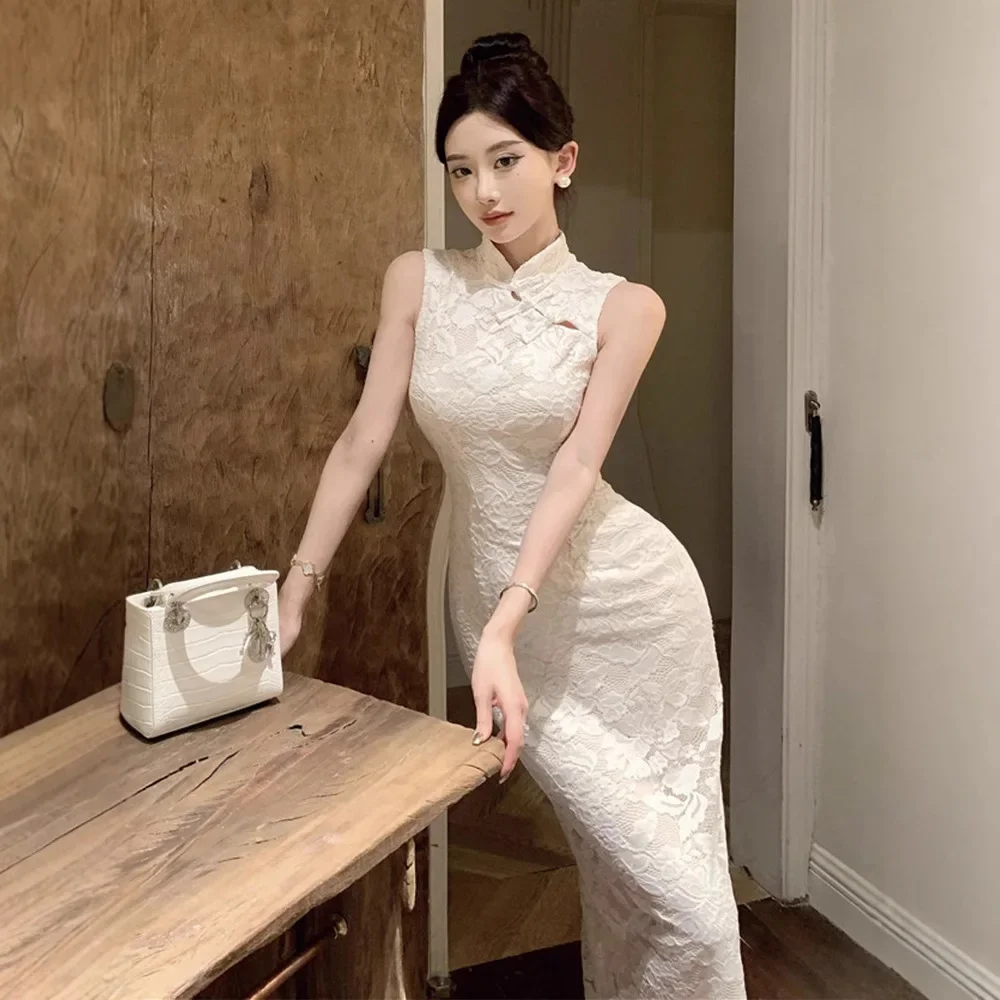 مثير جديد الصينية الرجعية أنيقة تحسين شيونغسام المرأة الصيف جديد الراقية تحسس Bodycon فستان الدانتيل الكاحل طول تنورة