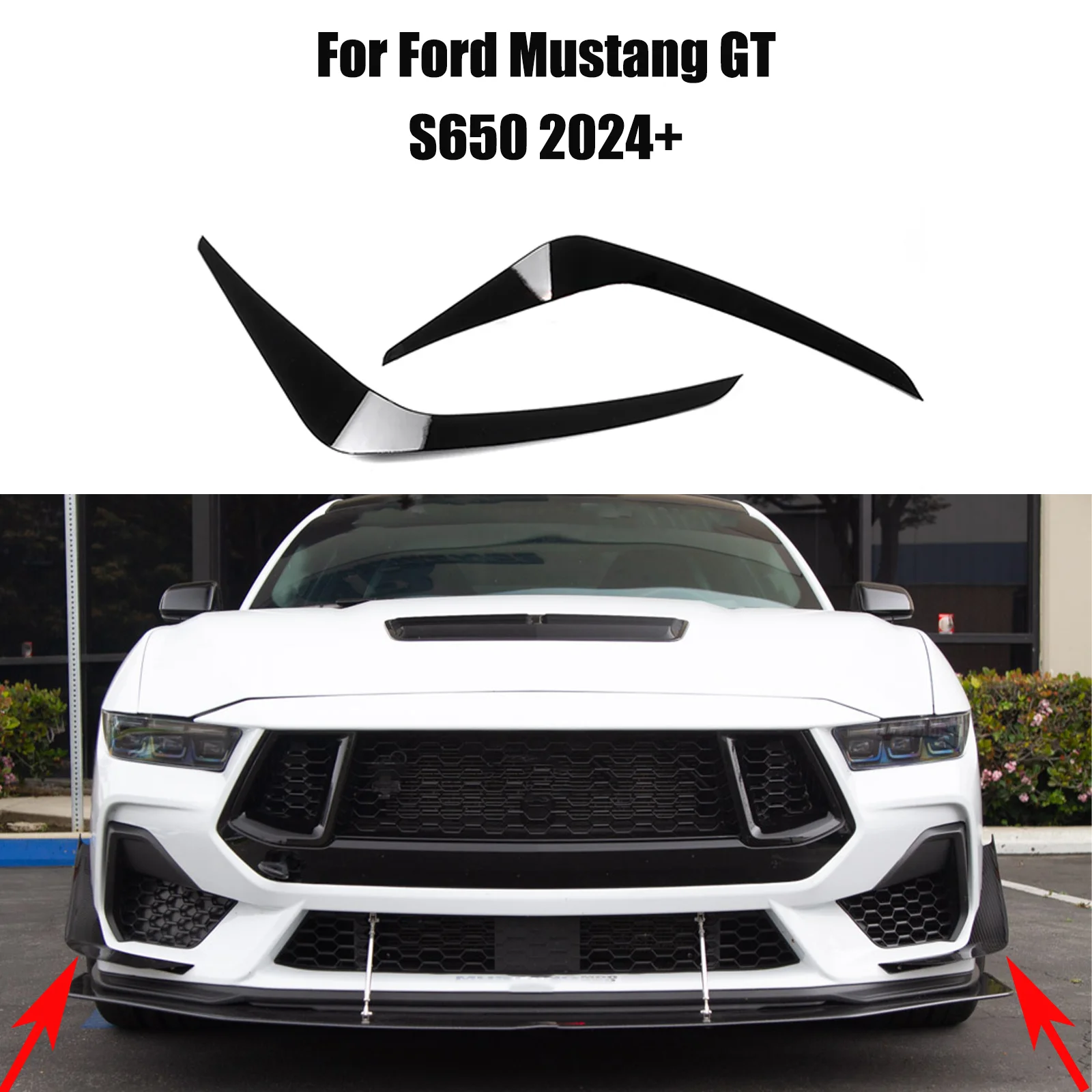 Front Bumper Side Canards Dive Planes Trim For Ford Mustang GT S650 2024 2025 Carbon Fiber Look  Glossy Black