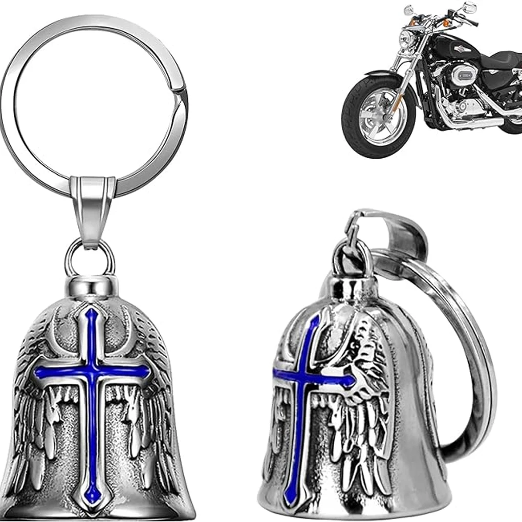 Retro Punk Style Men’s Cross Lucky Bell Angel Wing Knight Bell Keychain Motorcycle Riding Guardian Bell Jewelry Accessories