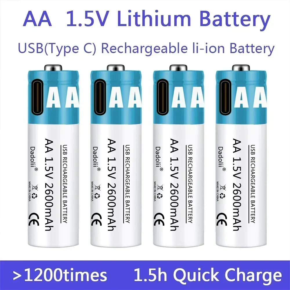 

AA Battery 1.5V AA Rechargeable Battery 1.5V 2600mAh li-ion battery for remote control mouse Electric toy battery+Type-C Cable