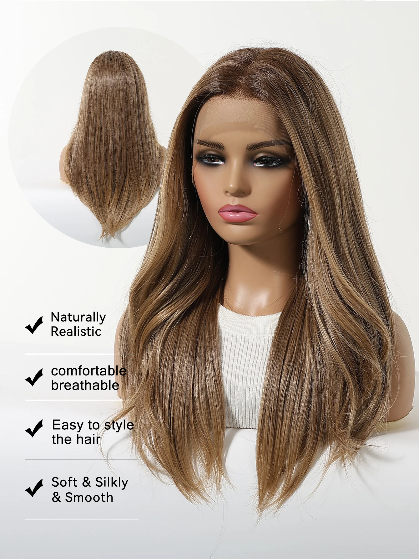 13x6 Lace Front Wig Long Straight Light Brown Ombre Synthetic Heat Resistant Fiber Natural Hairline Wig for Women Daily Party
