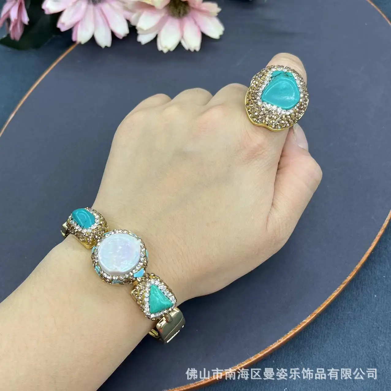 DIY accessories Internet celebrity explosion turquoise bracelet turquoise ring light luxury fashion full diamond design color re