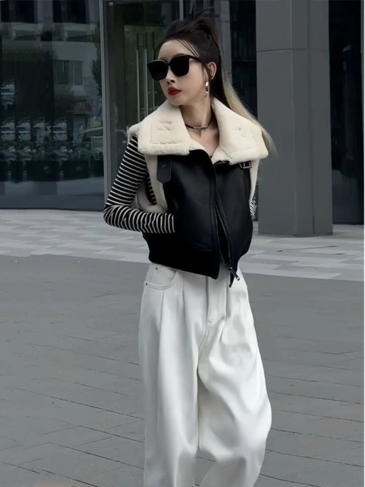 

Korean Sle Faion Set Women's Spring New Design ort Leather Vest Fce Wide Leg Pants Two Piece Set High Waist Zipper