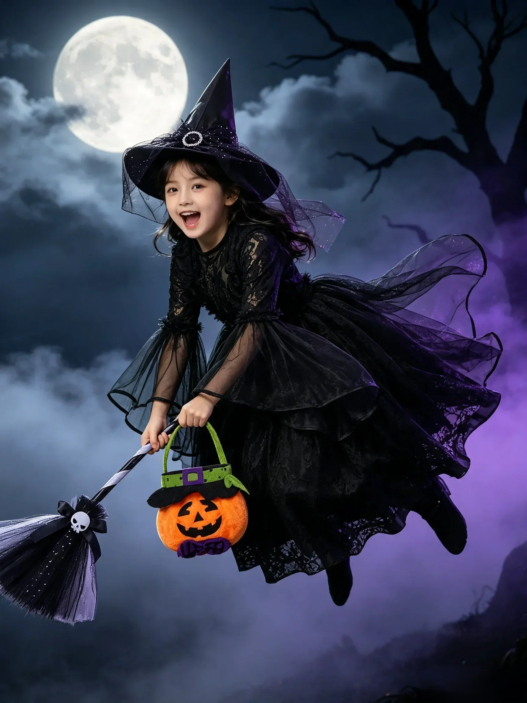Kinder-Rollenspielkleid für Mädchen, Gothisches Langes Spitzen-Tüllkleid mit Glockenärmeln, Halloween-Cosplay-Kostüm für Party und Verkleidung – Detail 3