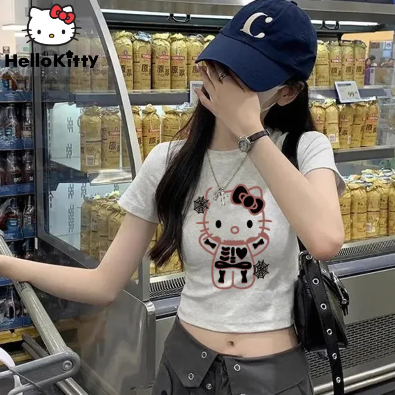 Sanrio Hello Kitty Goth Short T-shirt Summer New Open Navel Short Sleeve Top Youthful Woman Clothes 90s Vintage Tees Y2k Girls