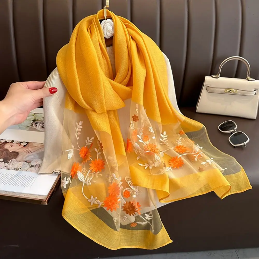 

Elegant Flower Luxury Silk Scarf Embroidery Foulard Women Hijab Shawls Soft Thin Large Lace Scarf Wraps Lady