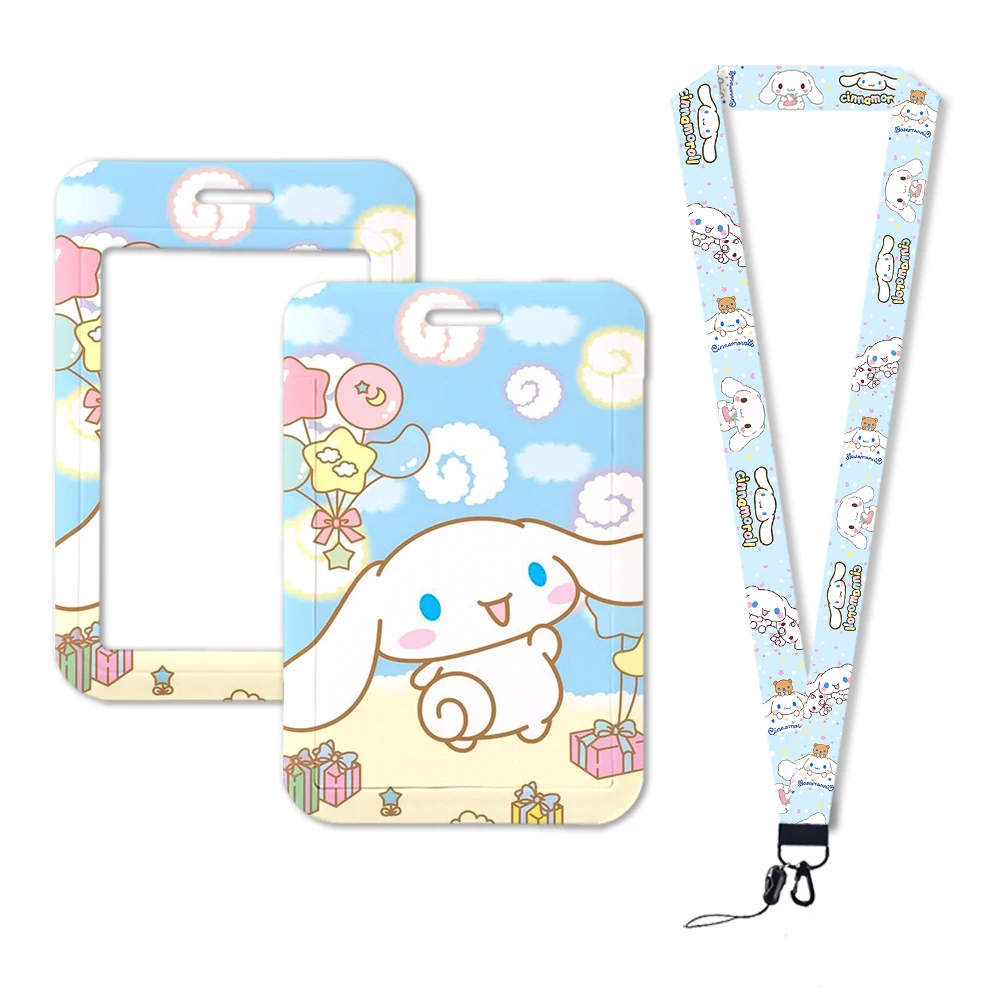 W Cinnamoroll-ID Badge Holder para Meninas, Cordão, Clipe Retrátil, Deslizamento, Titulares De Cartão De Crédito, Correia De Pescoço, Porta Cartão Case, Chaveiro Carretel