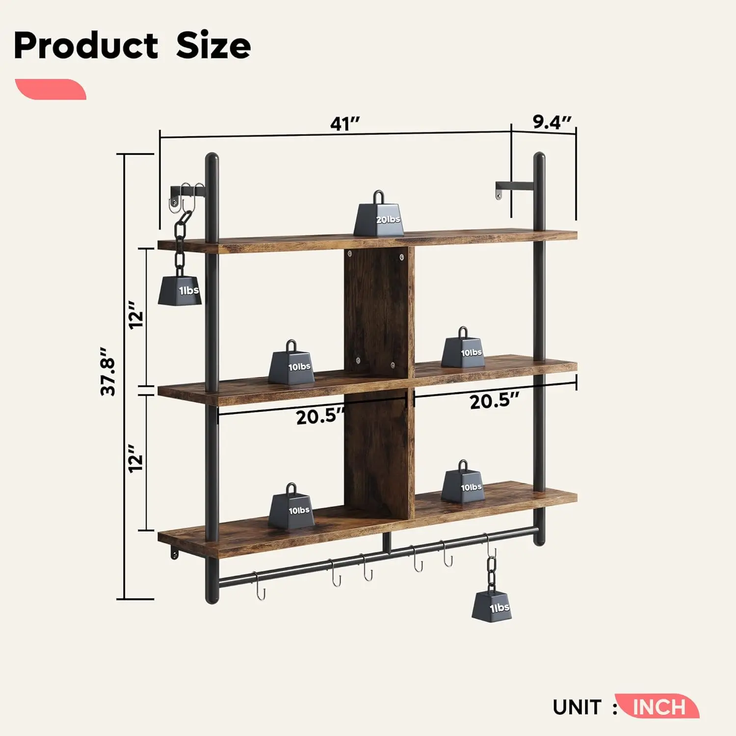 Bestier Floating Pipe Shelving Kitchen Shelves Wall Mounted 3 Tier 41.5