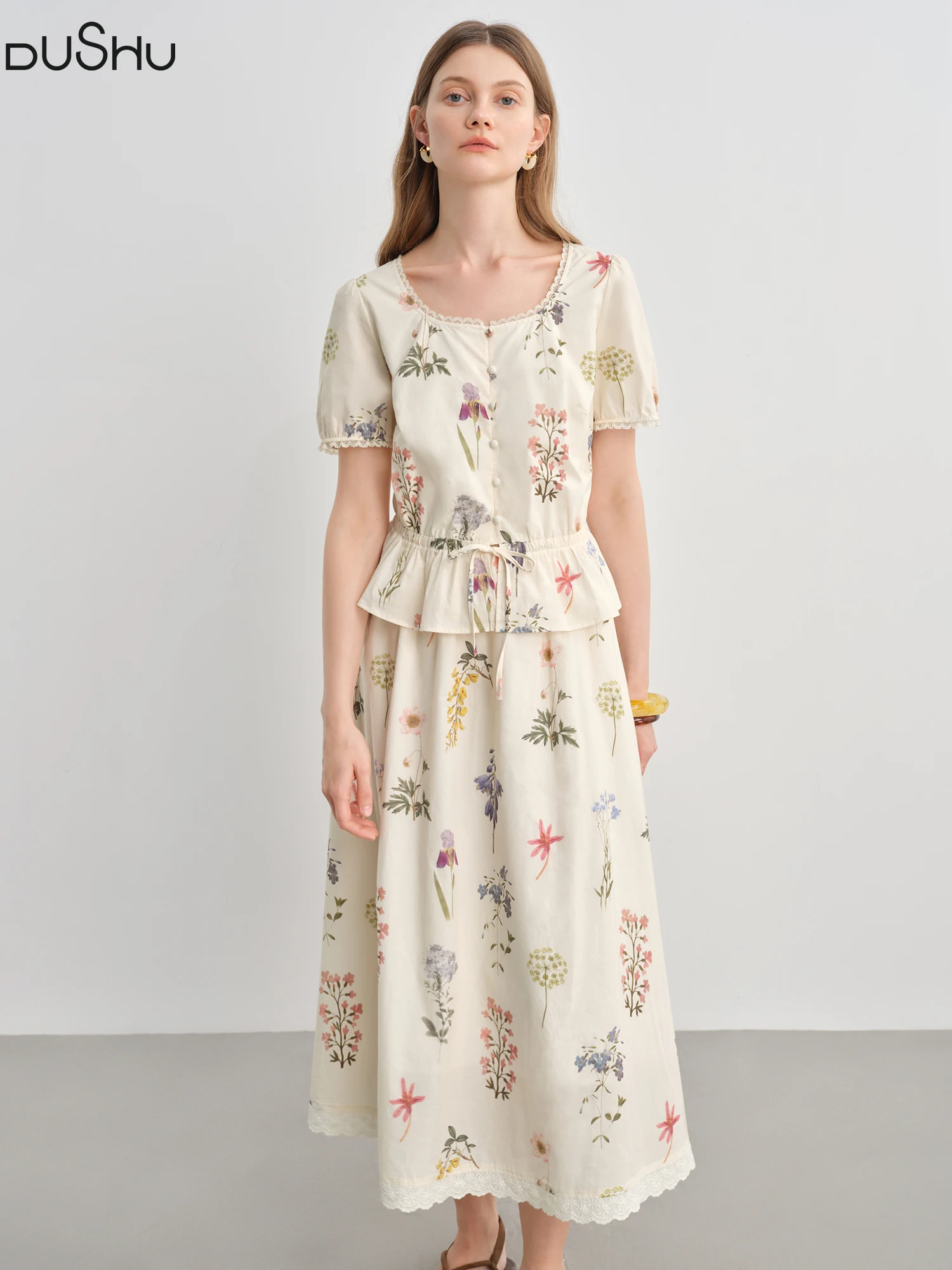 DUSHU Plus-Size Women's French Plant-Inspired Fresh Fashionable Summer Skirt Set with Ruffled Printed Top 25DS82774+25DS82775