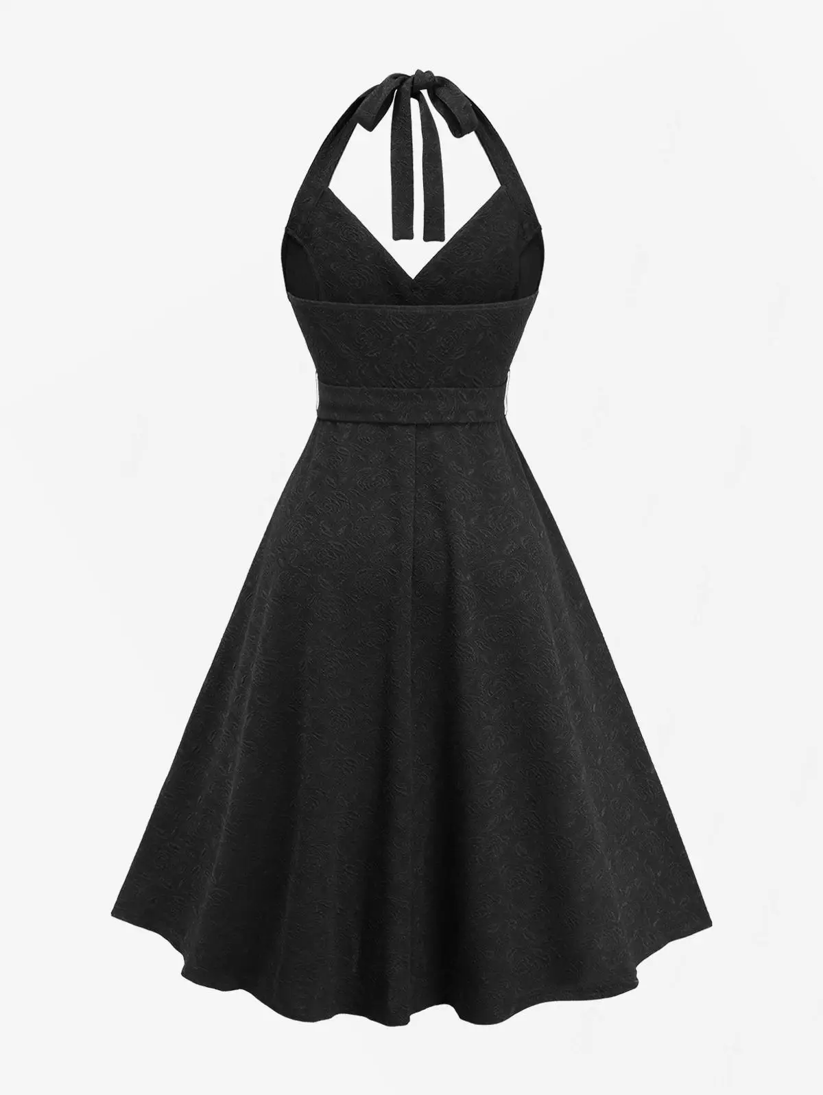 ROSEGAL Plus Size Rose Flower Jacquard Dress Buttons Halter Neck with Removable Belt Women's Casual Elegant A-Line Dress Vestido