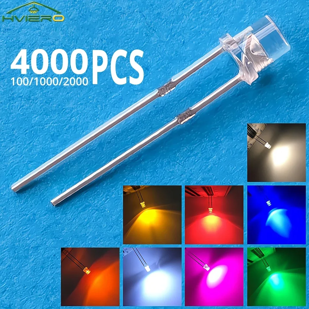 F3 3mm 2pins Flat Ultra Bright LED Bulbs White Red Yellow Blue Green Pink Diode Led Wide Angle Light Emitting Diodes Lamp