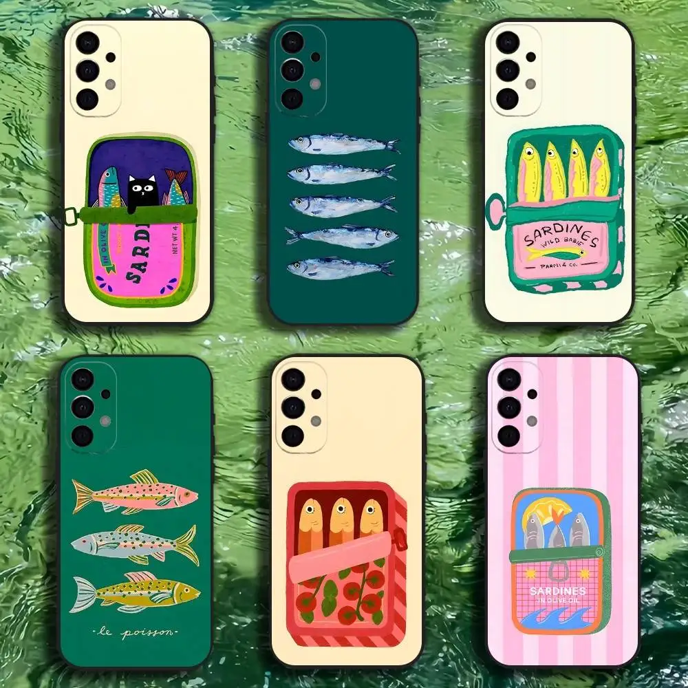 Funda de teléfono con sardinas divertidas de pescado para Samsung S25,S24,S21,S22,S23,S30,Ultra,S20,Plus,Fe,Lite,Note,10,9,5G, funda negra