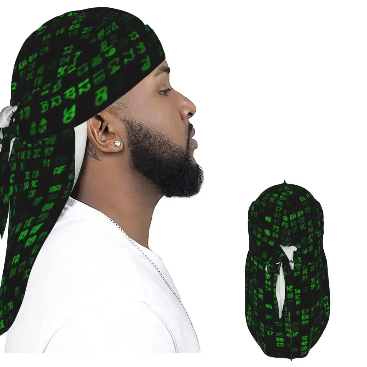 Men Satin Long Tail Durag Breathable Green Matrix Hexademical Pattern Headscarf Hip Hop Hair Accessories