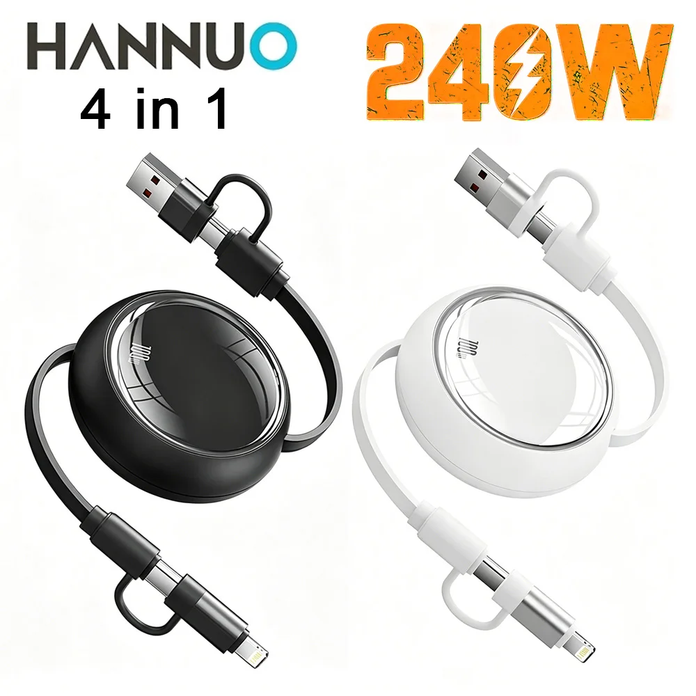 

HANNUO 4 in 1 Fast Charging USB C To USB C Cable 100W Retractable Data Cord for 17 Pro Max Lightning/Android/Type-C Devices USB