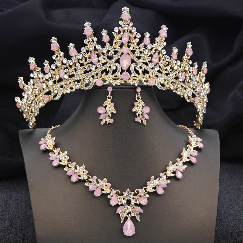 Barokke opaal roze bruidssieradensets met tiara's en kronen 3-delige ketting oorbellen bruid bruiloft kroonsets accessoires