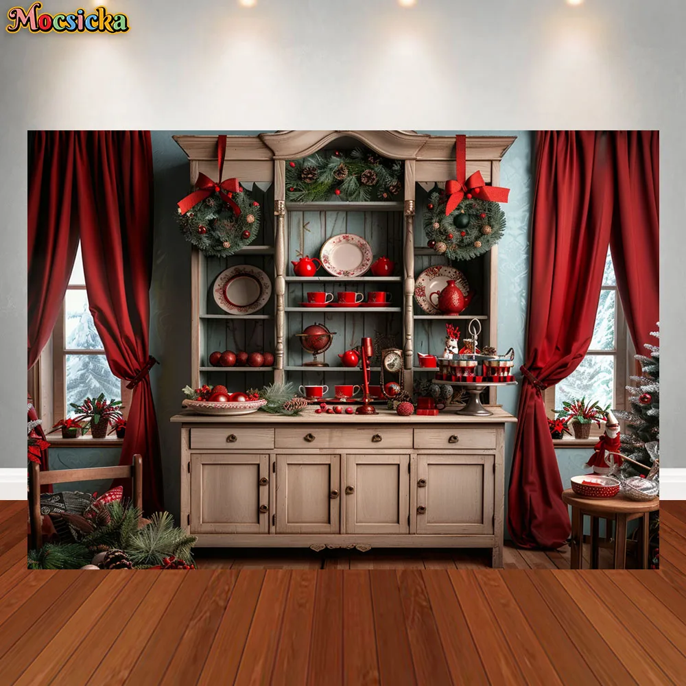 Christmas Kitchen Photography Background Winter Window Xmas Tree Gifts Kids Family Portrait Decor Backdrop Photo Studio Props