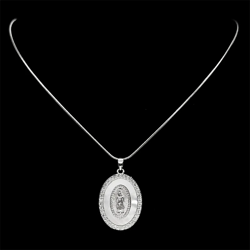 

Fashion Shiny Zircon Virgin Mary Copper Pendant Necklaces for Women Men Stainless Steel Silver Color Religious Jewelry Gift ﻿