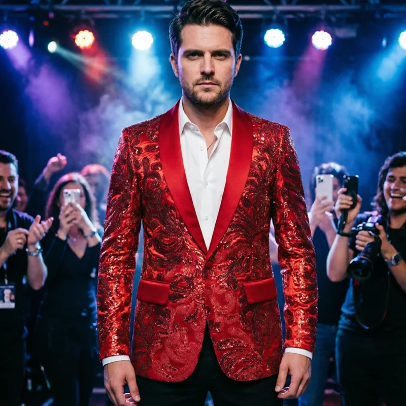 

Новый мужской красный блейзер с пайетками 2026 года, пиджак с шалевым воротником для вечеринок, свадеб, выпускных вечеров, сценических выступлений