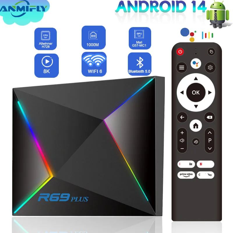 R69plus TV Box Android 14 Allwinner H728 2GB/4GB RAM 16GB 32GB/64GB BT5.0 Wifi6 5G Ethernet1000M 8K HDR Media Player Set Top Box