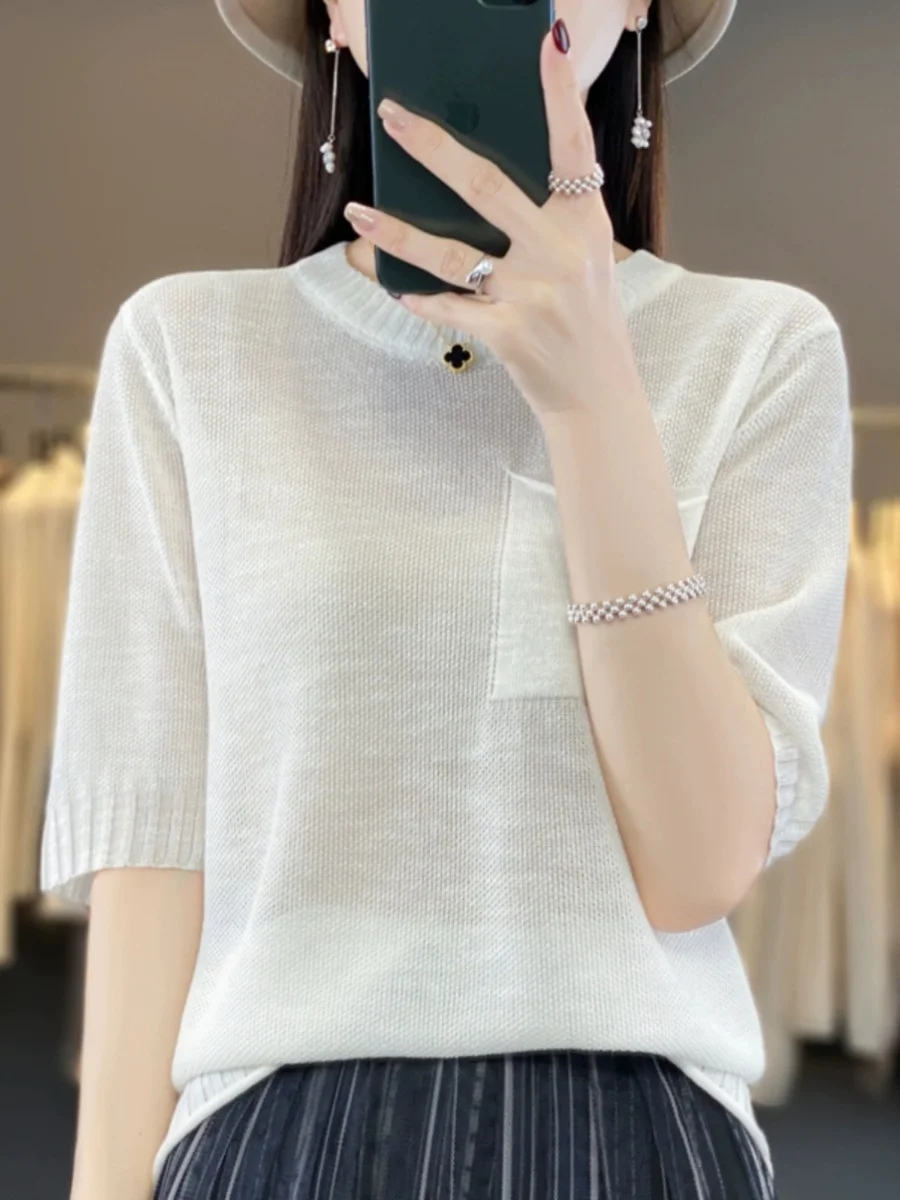 

Summer Cotton Linen Knitted Top Women Loose Five Sve Thin Casual Leisure Vintage T irt round Ne ort Sve Knitwear