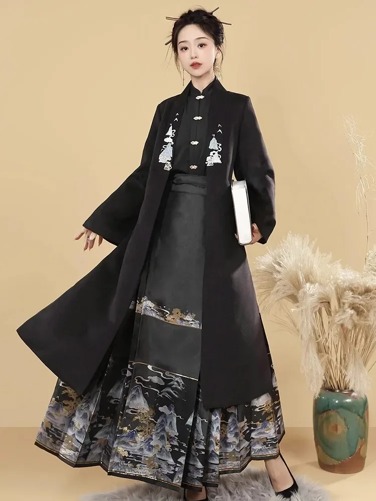 

Hanfu women's improved new Chinese style Han element woven gold horse dress jacket woolen coat spring and autumn