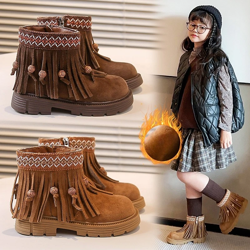 

Girls Short Boots with Sweet Tassel Kids Princess Boots Ethnic Style 2025 Winter New Children Ankle Boots with Side Zipper Soft