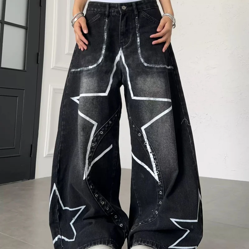 

American Style Street Fashion Star Graffiti Deconstruction Bend Knife Jeans Unisex Niche Rivet Design Washed Wide Leg Pants