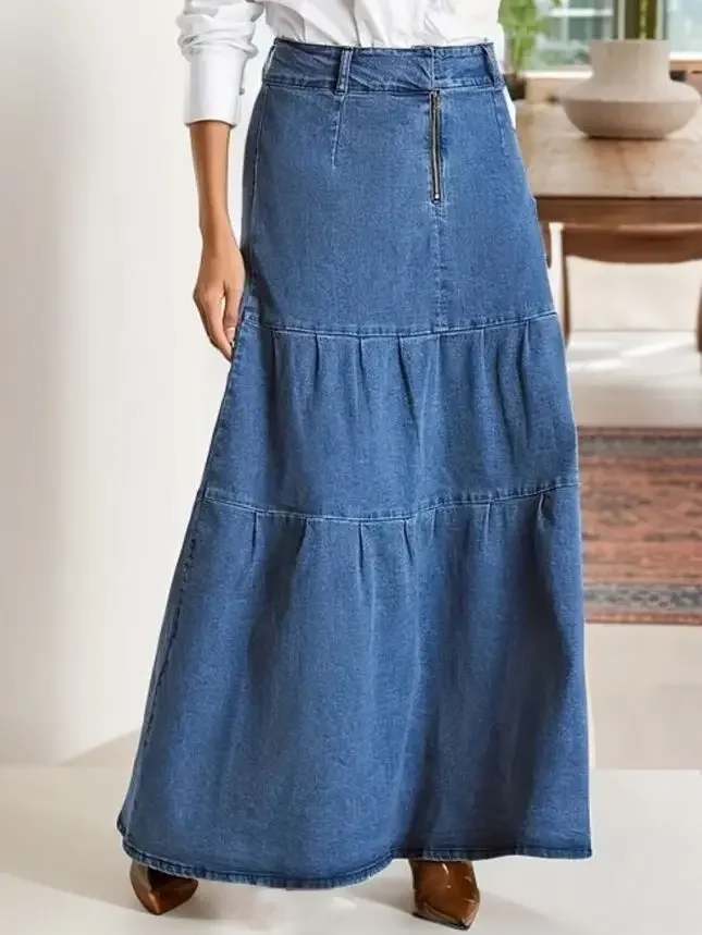 Denim Long Skirt for Women summer Vintage Solid Colour High Waist Zipper Skirts Female Basics Jean A Line Casual 2025 Streetwear