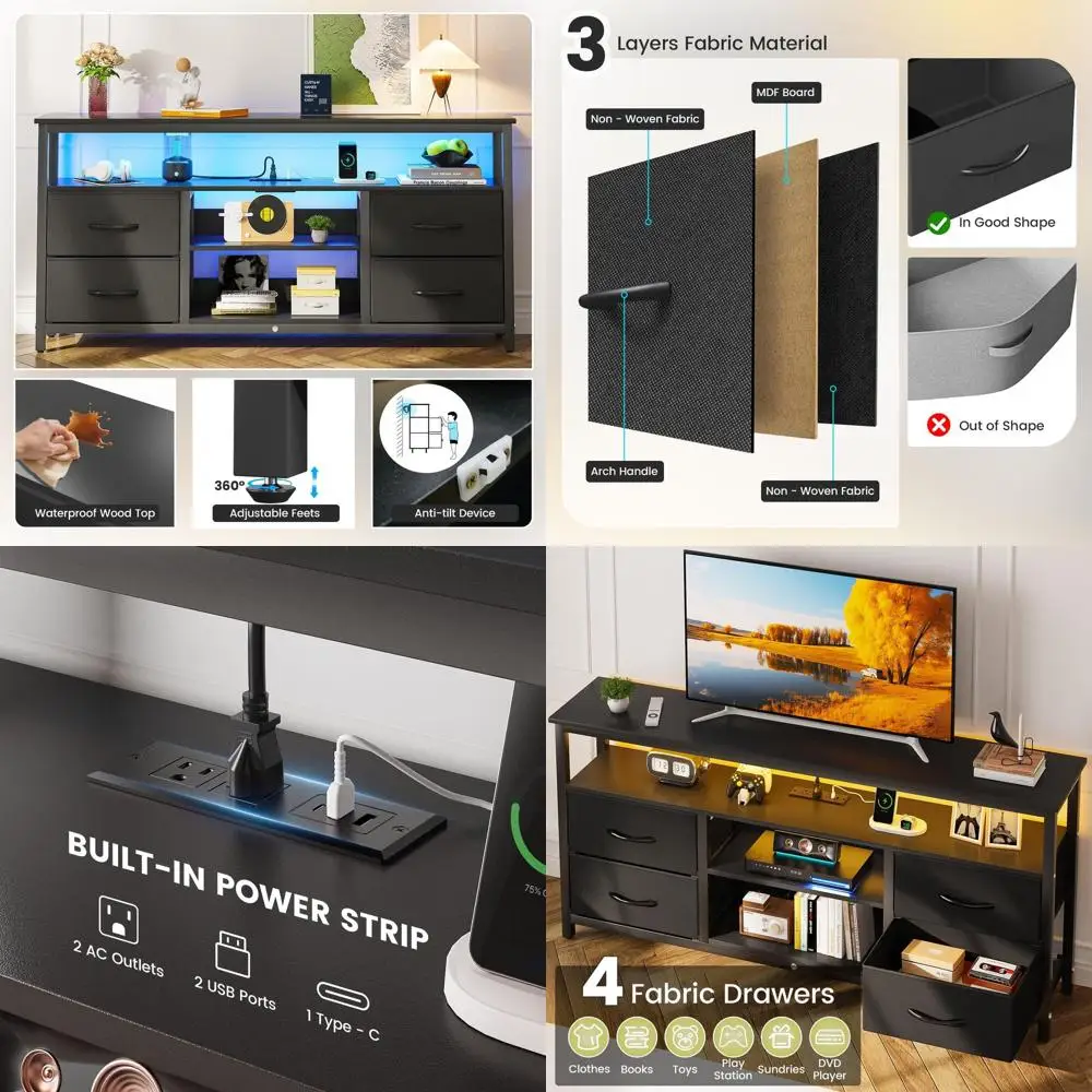 حامل تلفزيون للتلفزيونات حتى 65 بوصة، مركز ترفيه مع أضواء LED ومحطة شحن، طاولة وحدة تحكم وسائط التلفزيون مع #1