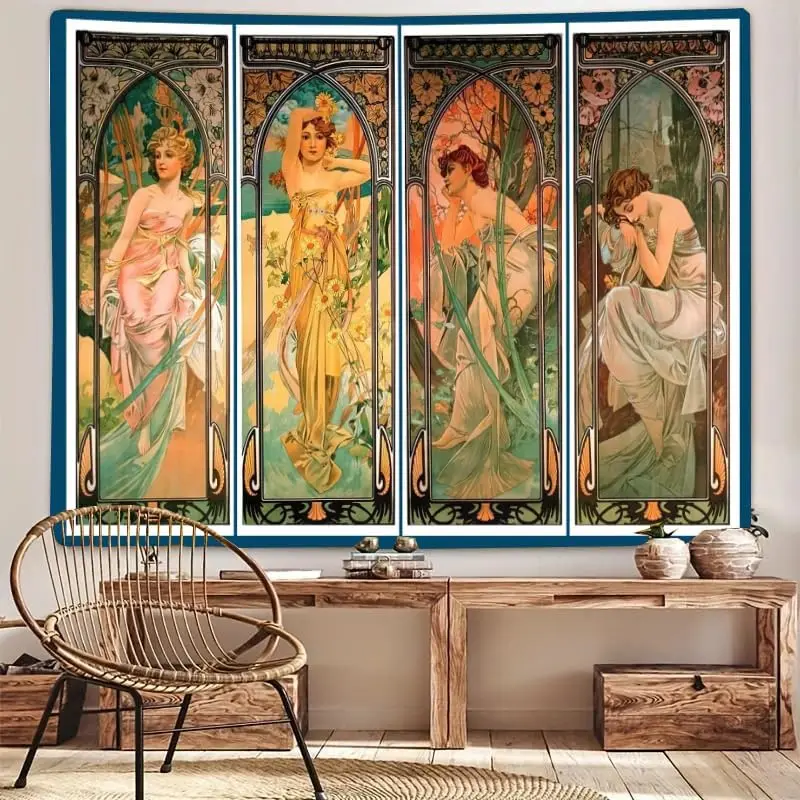 Art Nouveau Four Seasons Women Tapestry – Vintage Alphonse Mucha Style Wall Art for Bedroom, Living Room or Dorm Decor
