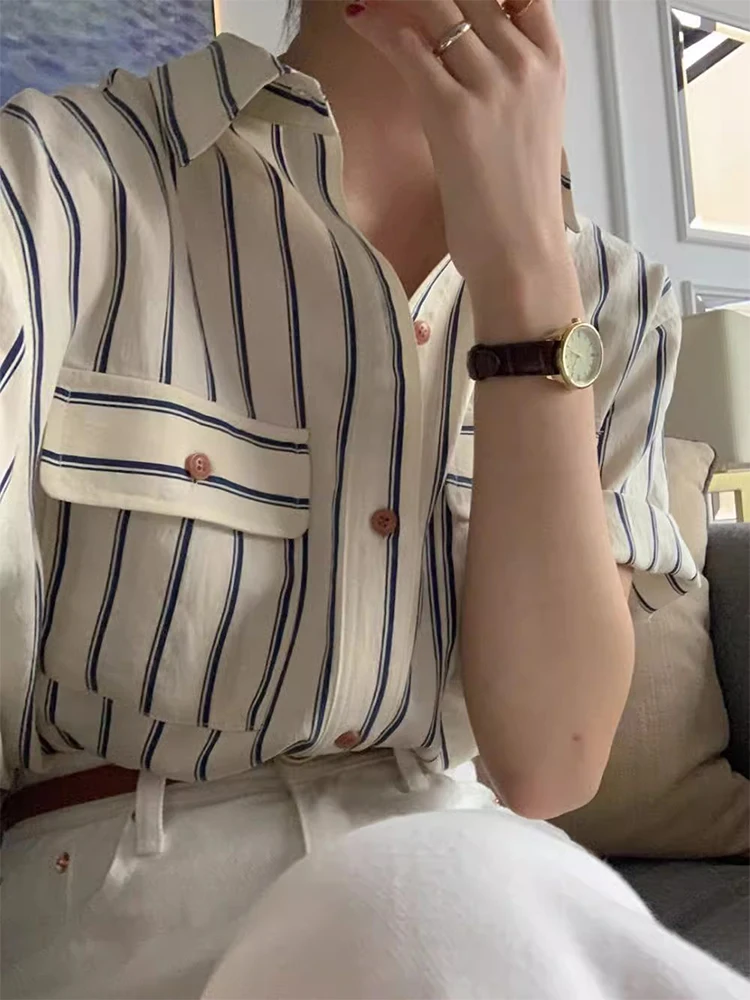 คลาสสิกเก๋ฤดูร้อน Vintage ort Sve หลวม Fit ปุ่มผู้หญิง irt Retro ลาย ket อเนกประสงค์ Casual Busin Sle
