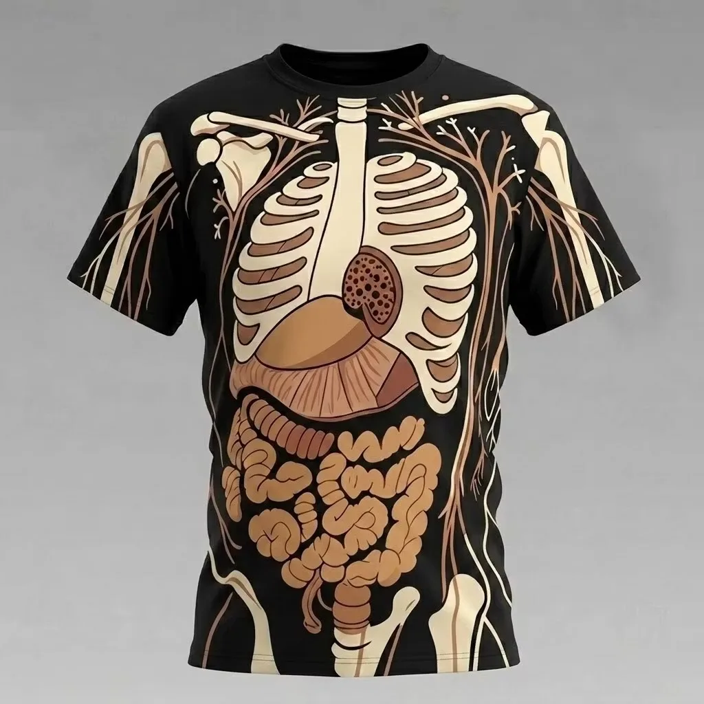 Halloween Human Body Structure Graphic T‑Shirt Men 3D All‑Over‑Print Skeleton Organ Design Casual Short Sleeve Party Tees