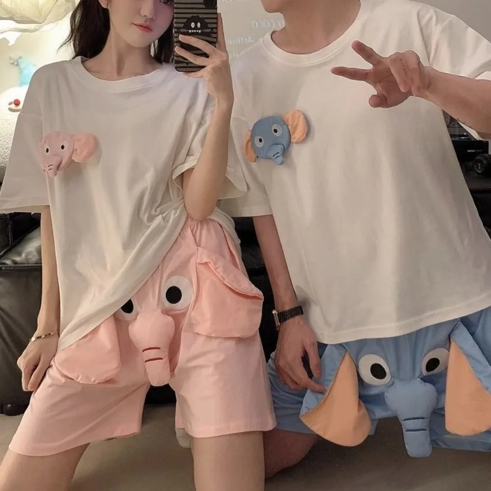 

Nightdress 3D Ears Elephant Trunk Pajamas Nose Funny T-shirt Shorts Nightwear Loose Short Sleeve Sleepwear Women Men