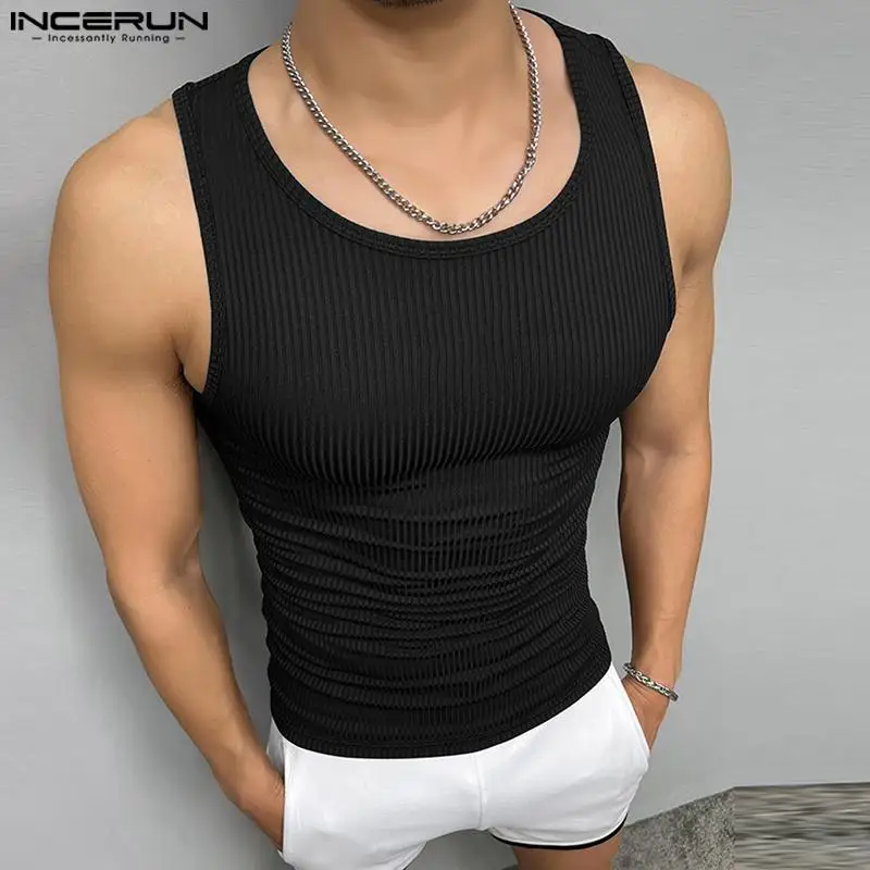 INCERUN Men Tank Tops Solid Color O-neck Sleeveless Streetwear Summer Casual Vests Skinny 2023 Fashion Leisure Men Clothing 5XL