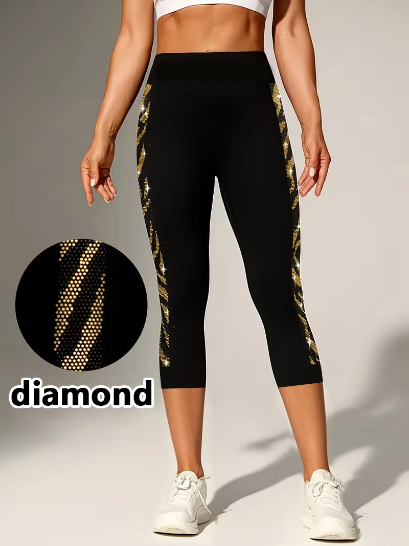

1392 Women's 7/8 Leggings, Solid Color Rhinestone Sparkle Tight Pants, High Waist Tummy Control