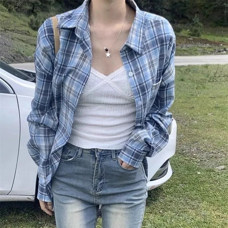 

Women Plaid Casual Shirt American Vintage Loose Long Sleeve Sweet Blue Blouse Autumn Preppy Button Elegant Retro Female New Tops