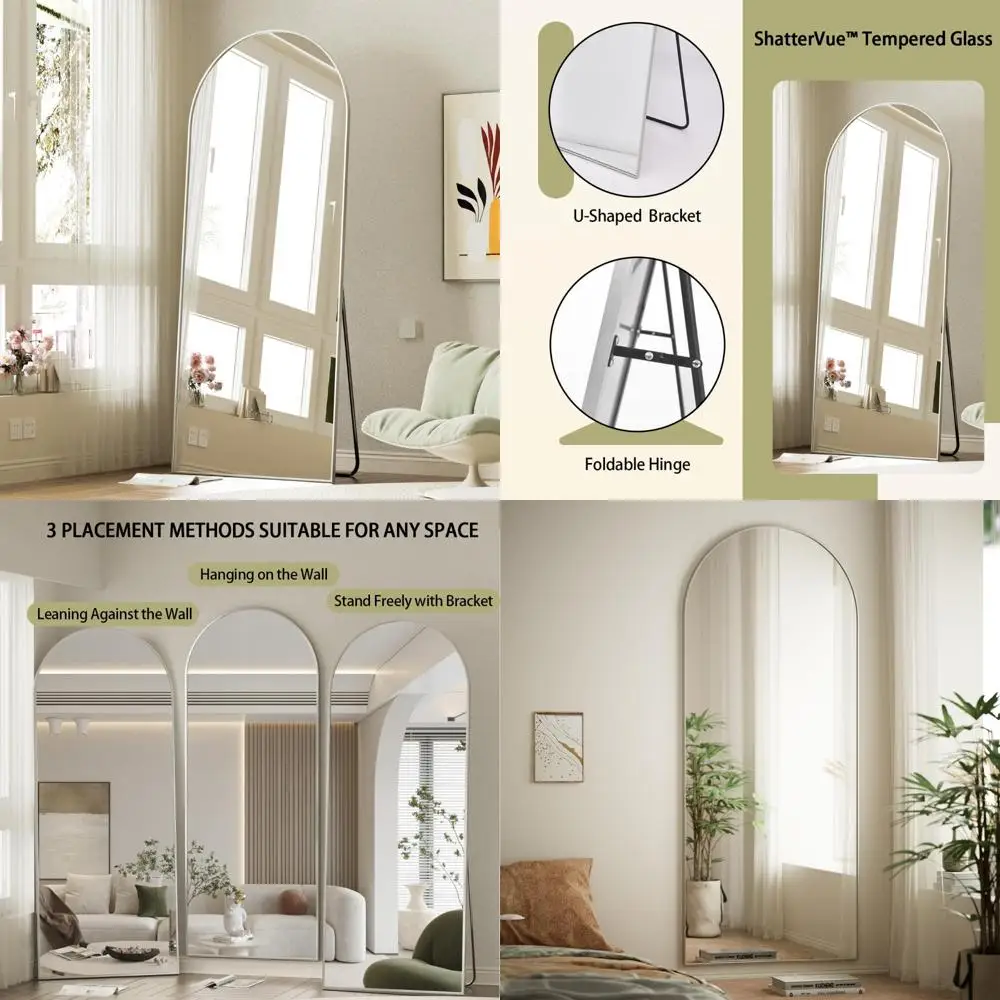 Bodenspiegel in voller Länge mit gewölbter Oberseite und Ständer für Schlafzimmer, Wandspiegel zum Anlehnen oder Aufhängen für die Inneneinrichtung