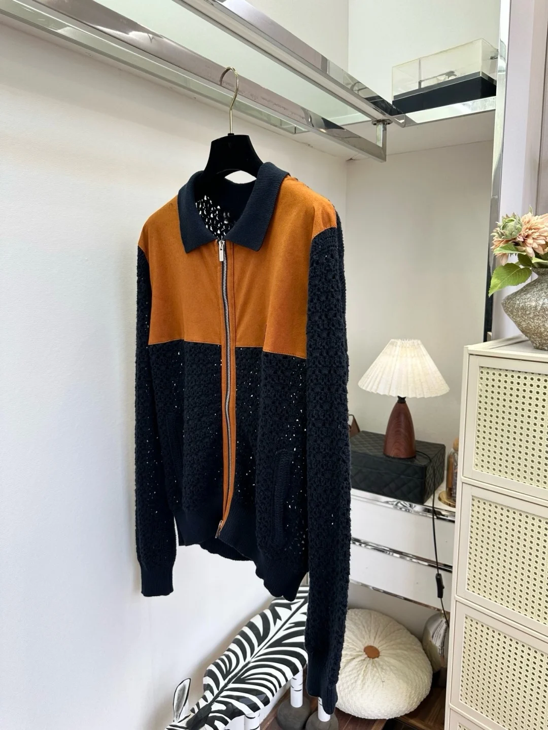 Vintage Suede & Open Knit Top Women Warm Brown & Navy Color Block Ribbed Trim Breathable Retro Casual Blouse