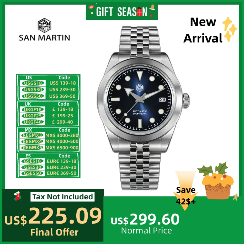 San Martin Watch For Men NH35 Sports Wristwatch 39mm Sunray Enamel Dial Jubilee Bracelet Swim Waterproof Reloj Hombre SN0053