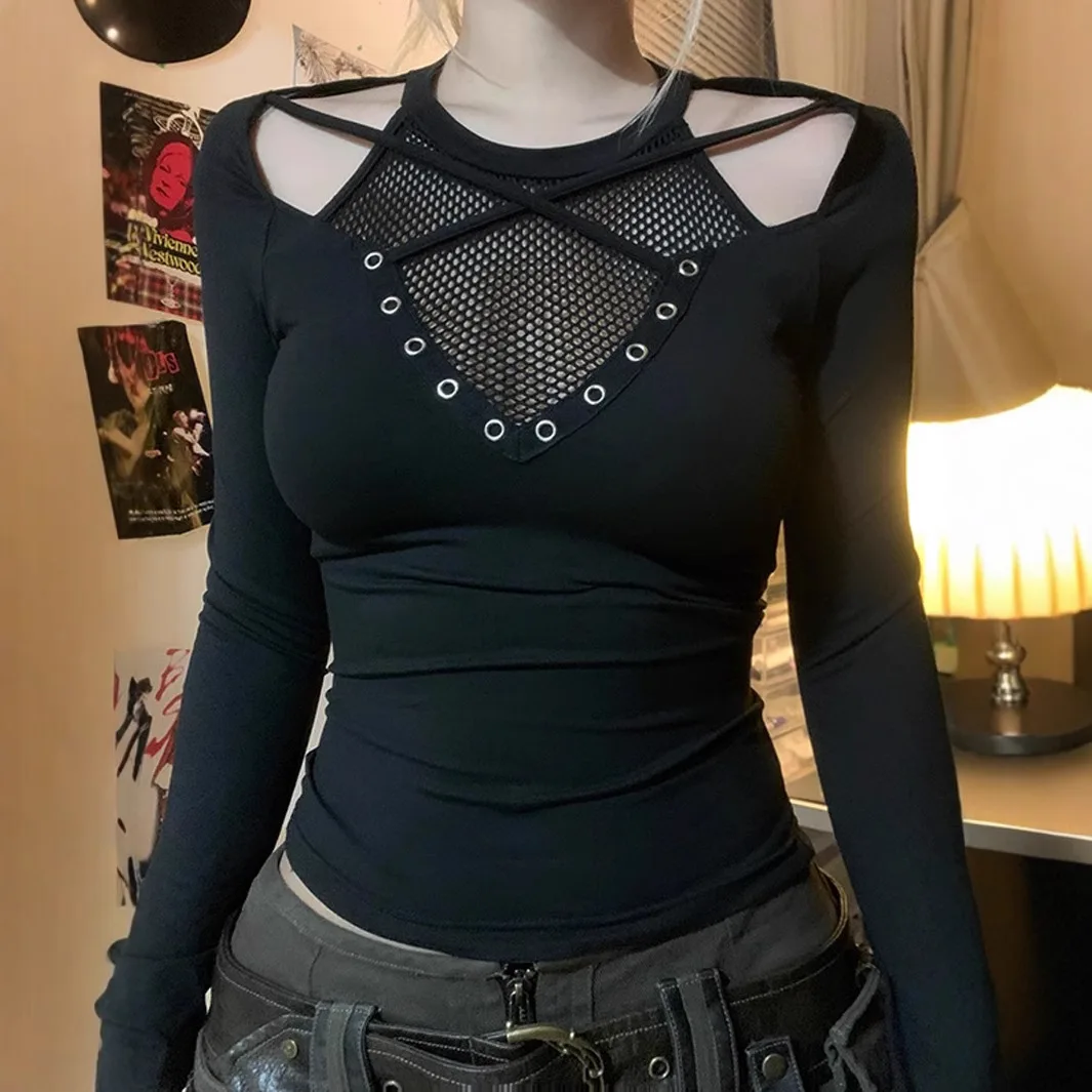 

Hot Girl Y2K Style Sheer Top Gothic Mesh Patchwork T Shirt Slim-Fit Sexy Hollow Out Long Sleeve