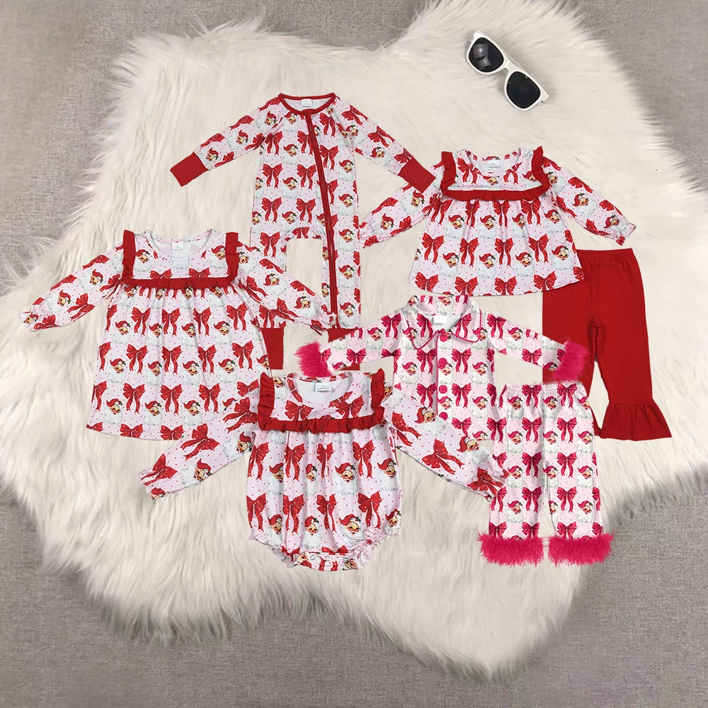 

LR2210 Wholesale baby rompers kids clothes girl Christmas Santa Claus bow long sleeve romper Summer Boutique baby girl clothes