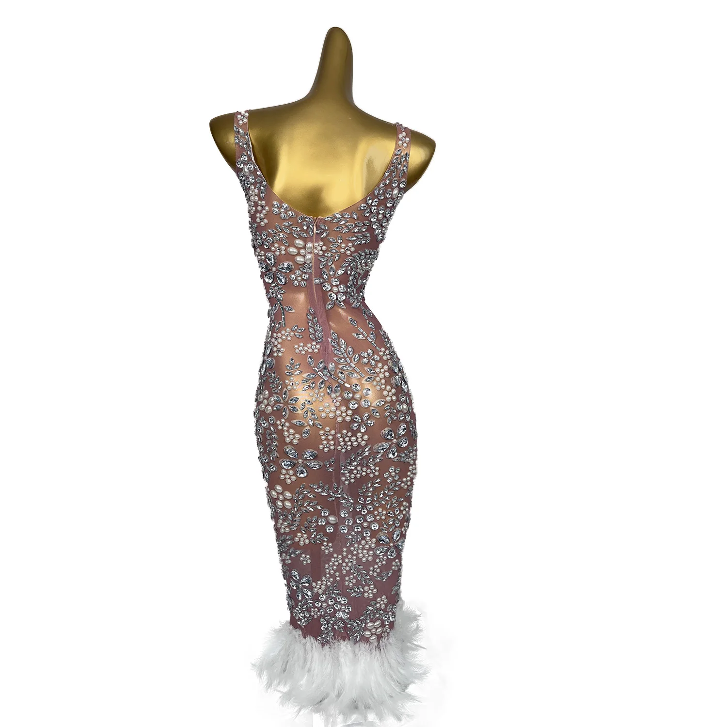 

High-end Sexy White Feather Tight Fitting Dress Women Birthday Party Couture Pearls Celebrate See Through Mesh Dresses Meihua
