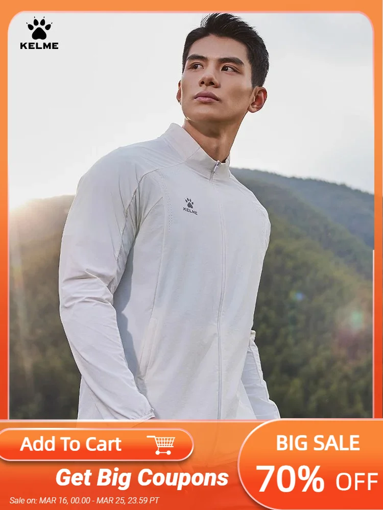 

Kelme Men's Light Woven Jacket Upf50+ Sun Protection Stand Collar Jacket Day Training Outdoor Sports Running Windbreaker