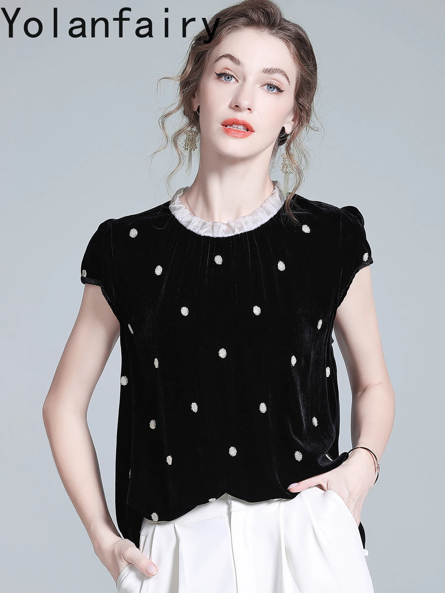 YOLANFAIRY Top Quality Real Mulberry Silk Velvet T Shirt for Women Autumn Korean Elegant Blouse Luxury Embroidery Shirts Woman