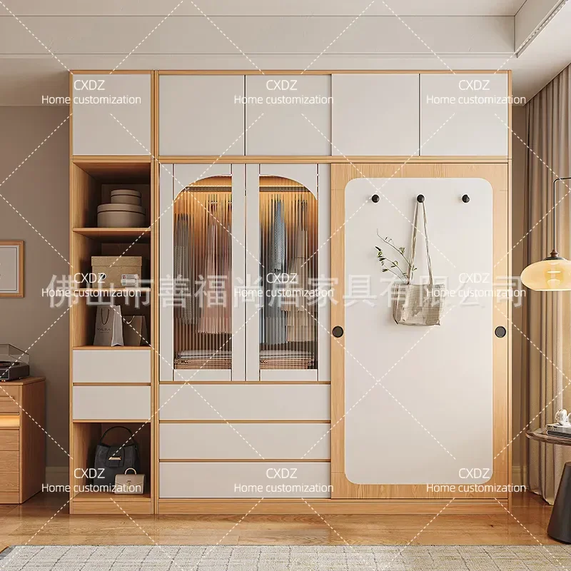 Solid Wood Sliding Door Wardrobe Bedroom Storage Cabinet Simple Design with Hooks Combination Closet Furniture